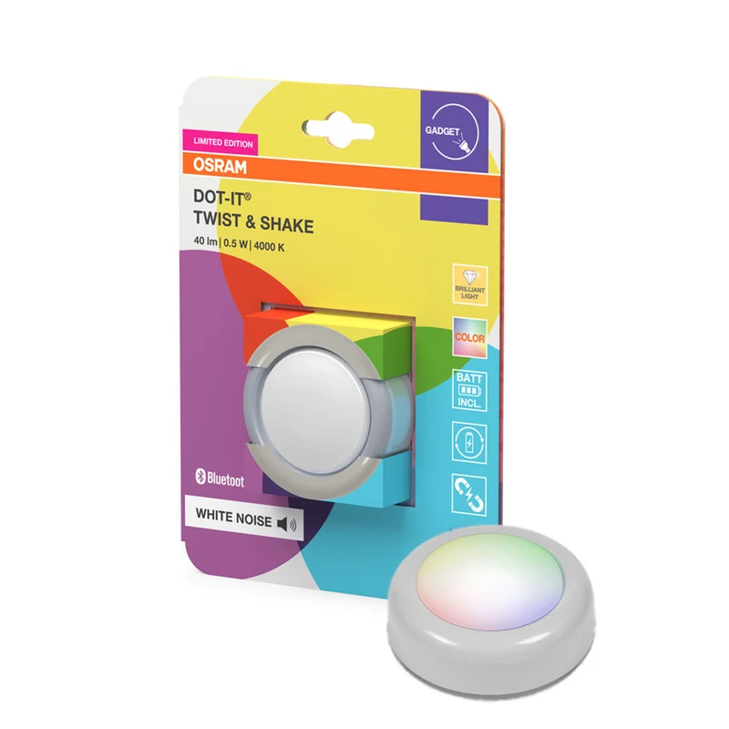OSRAM Bluetooth SMART DOT-IT TWIST & SHAKE, punto recargable, función de ruido blanco, RGBW, 4000K