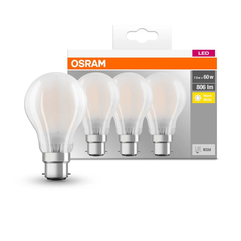 Lámpara LED OSRAM LED BASE CLASSIC A Lámpara LED 6,5W 827 Frosted B22d, 806 lm, 2700 K, blanco cálido, paquete de 3