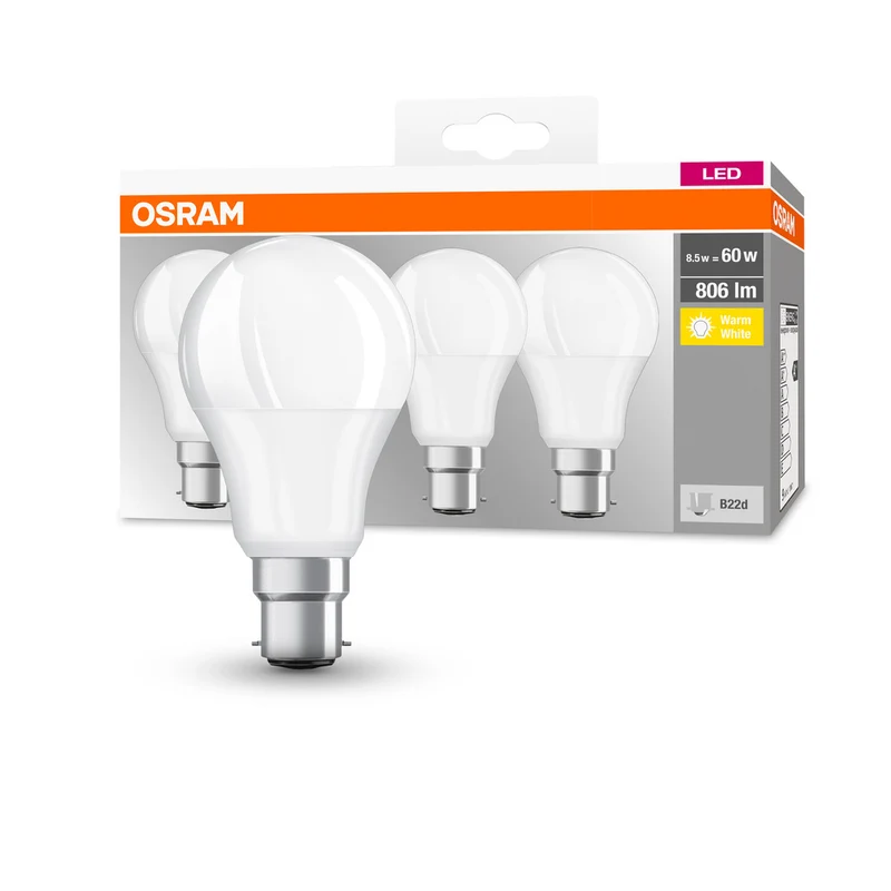Lámpara LED OSRAM LED BASE CLASSIC A Lámpara LED 8W 827 Frosted B22d, 806 lm, 2700 K, blanco cálido, paquete de 4