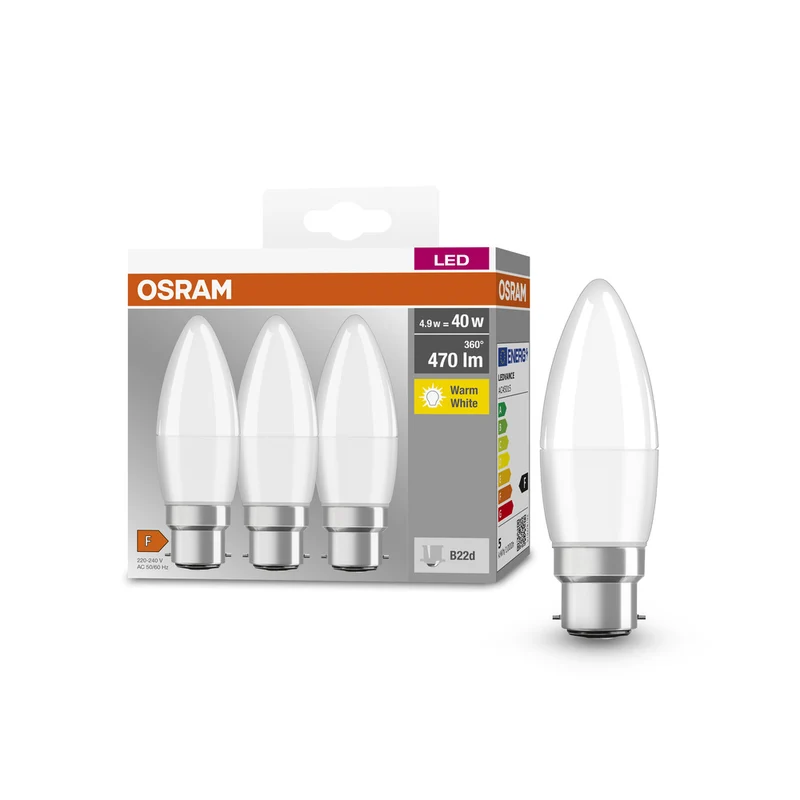 Lámpara LED OSRAM LED BASE CLASSIC B Lámpara LED 4,9 W 827 Frosted B22d, 470 lm, 2700 K, blanco cálido, paquete de 3
