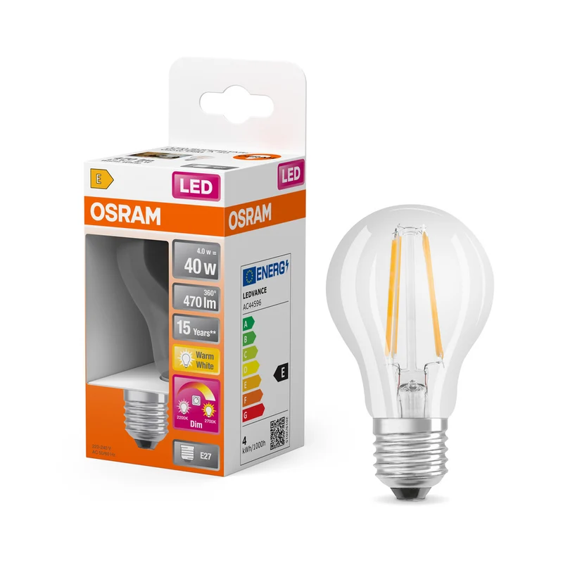 Lámpara LED OSRAM CLASSIC A GLOWdim 4W 822…827 E27, 470 lm, 2200…2700 K, blanco cálido regulable