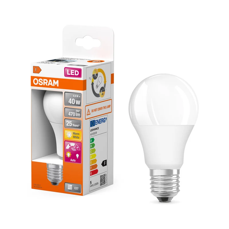 Lámpara LED OSRAM DAYLIGHT SENSOR CLASSIC A 4,9 W 827 Frosted E27, 470 lm, 2700 K, blanco cálido