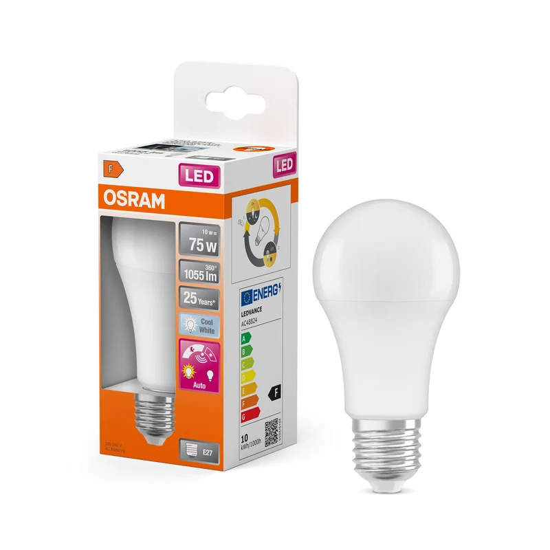Lámpara LED OSRAM DAYLIGHT SENSOR CLASSIC A 10W 840 Frosted E27, 1055 lm, 4000 K, blanco frío