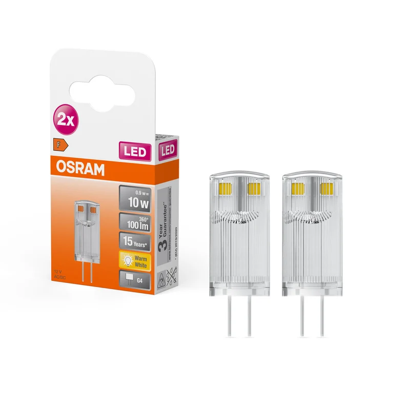 Lámpara LED OSRAM con base de pin PIN 12 V 0,9 W 827 Transparente G4 paquete de 2, 100 lm, 2700 K, blanco cálido