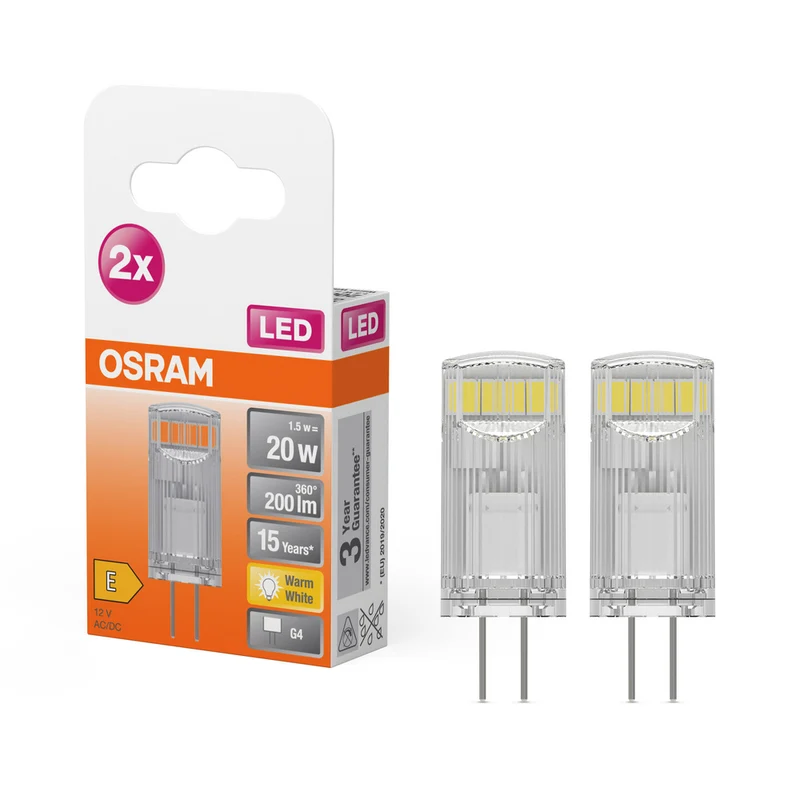 Lámpara LED OSRAM con base de pin PIN 12 V 1,5 W 827 Transparente G4 paquete de 2, 200 lm, 2700 K, blanco cálido, paquete de 2