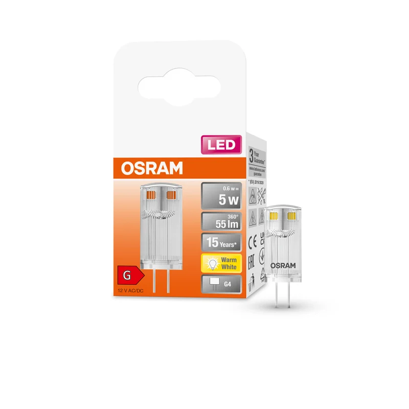 Lámpara LED OSRAM con base de pin PIN 12 V 0,6 W 827 Transparente G4, 55 lm, 2700 K, blanco cálido