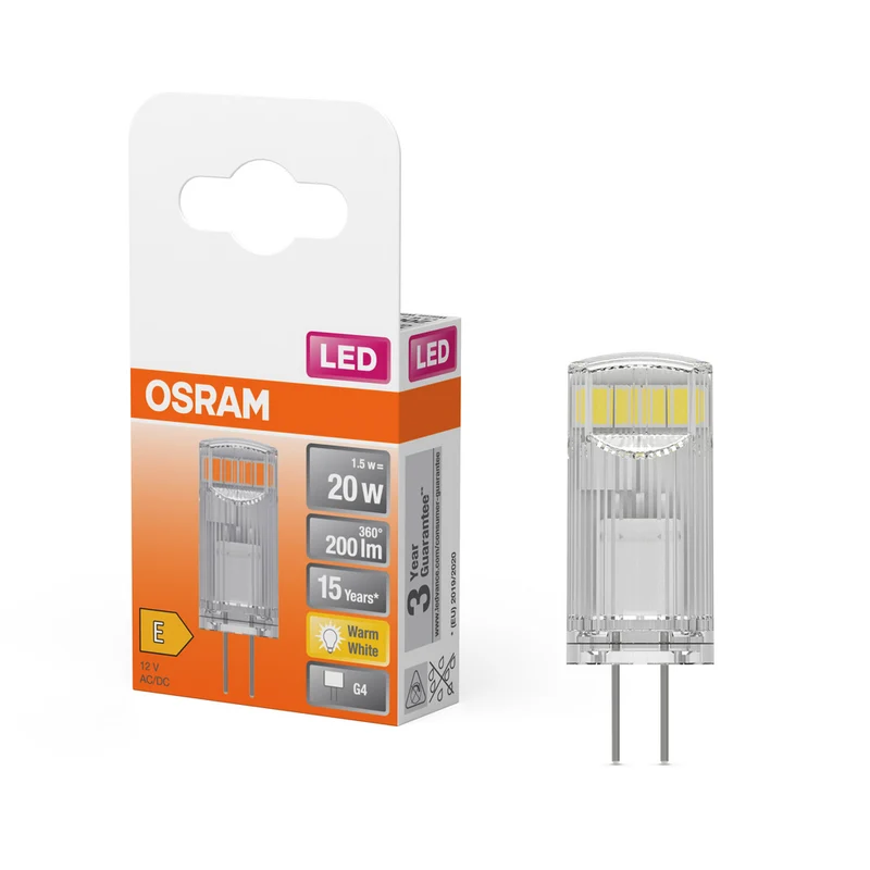 Lámpara LED OSRAM con base de pin PIN 12 V 1,5 W 827 Transparente G4, 200 lm, 2700 K, blanco cálido