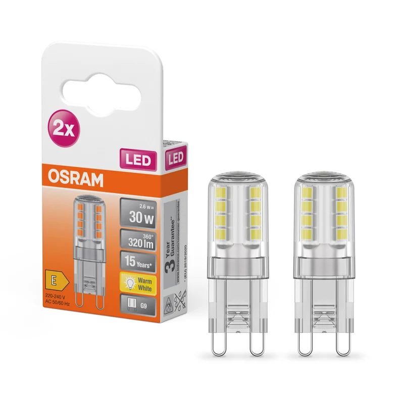 Lámpara LED OSRAM PIN G9 2,6 W 827 Transparente G9, 320 lm, 2700 K, blanco cálido, paquete de 2