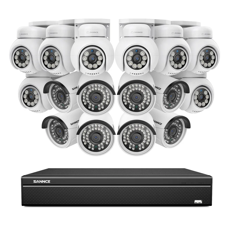 16 Channel 4K H.265+ PoE NVR System - 16x 8MP Outdoor Cameras (8 PTZ + 8 Bullet), AI Human/Vehicle Detection, Two-Way Audio, ONVIF Compliant