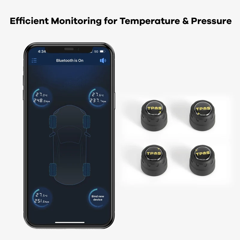 Tire Pressure Monitoring System, Bluetooth 5.0, 5 Alarm Modes, 4 TPMS External Sensors, Support iOS & Android, Real-time Detection Pressure & Temperature, Easy to Install