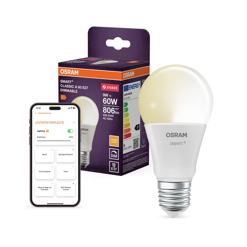 OSRAM SMART+ ZIGBEE Classic Regulable, forma de A, bombilla LED, mate, 9 W, 806 lm, 2700 K, Wi-Fi, Google Assistant, Amazon Alexa, compatible con altavoces inteligentes, regulable, CRI 80
