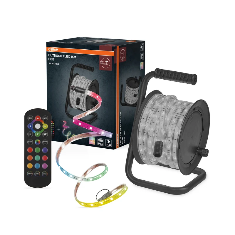 OSRAM Outdoor Flex Tira LED RGB de 15 m, IP65, con mando a distancia, ampliable hasta 50 m, con carrete, cable de conexión y accesorios