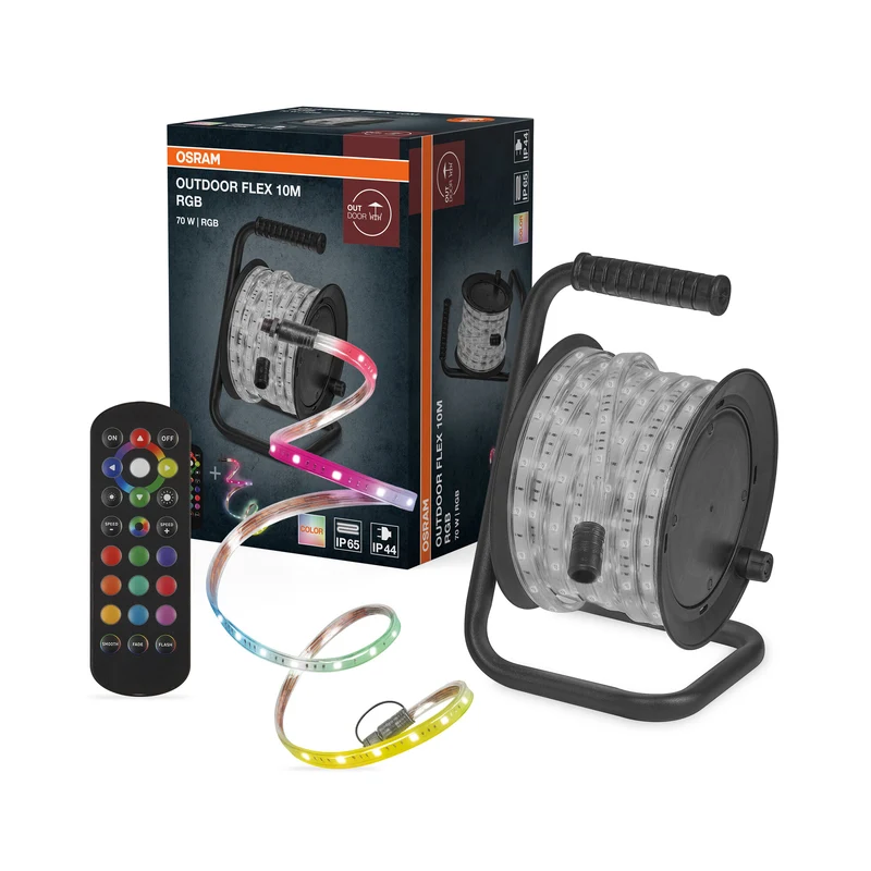 OSRAM Outdoor Flex Tira LED RGB de 10 m, IP65, con mando a distancia incluido, ampliable hasta 50 m, con carrete, cable de conexión y accesorios