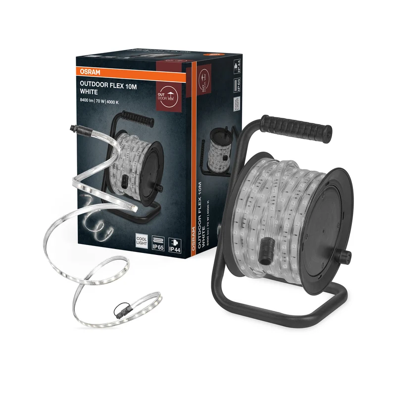 Tiras LED OSRAM Outdoor Flex de 10 m, IP65, blanco frío, ampliables hasta 50 m, con carrete de cable, accesorios de montaje y cable de conexión