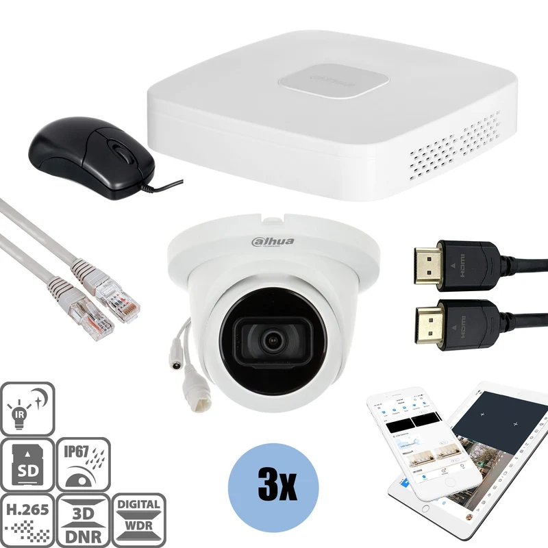 Kit Dahua: 3 cámaras tipo torreta de 8 MP + grabador y cableado