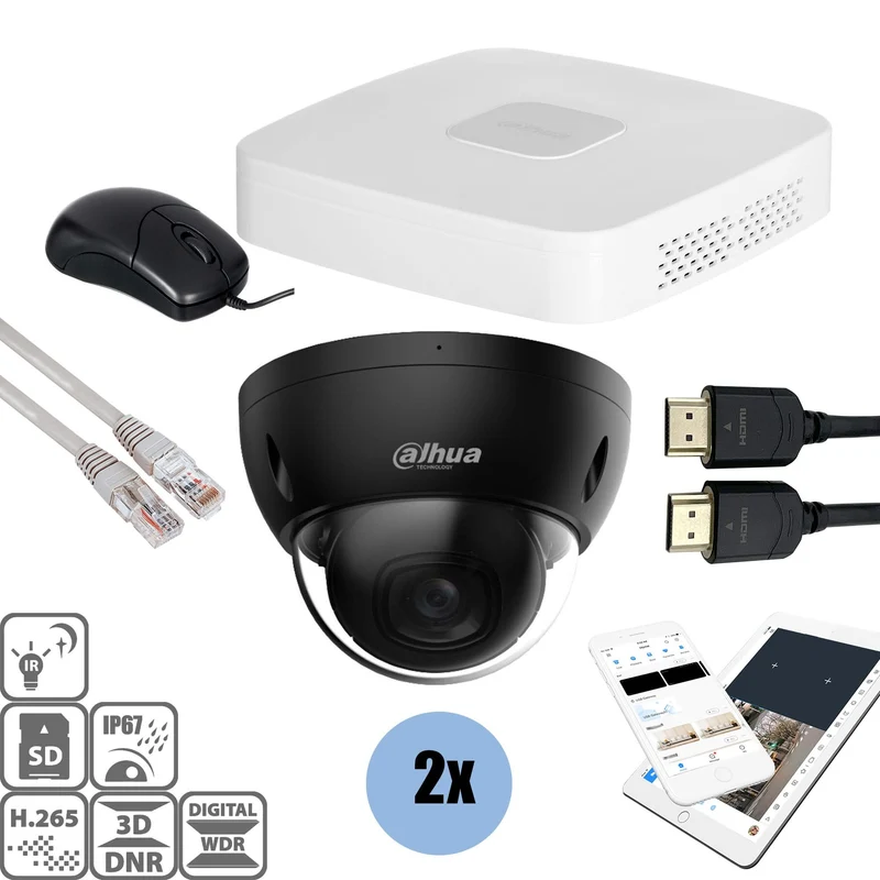 Kit Dahua Black: 2 cámaras domo de 8 MP + grabador y cableado