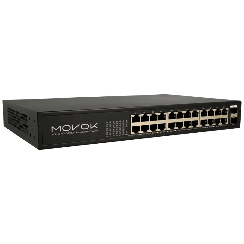 Conmutador Gigabit PoE de 26 puertos de Movok, 24 puertos PoE, 2 puertos de enlace ascendente
