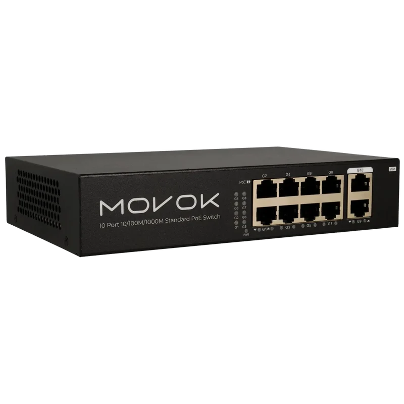 Conmutador PoE Movok de 10 puertos, Gigabit, PoE de 100 m