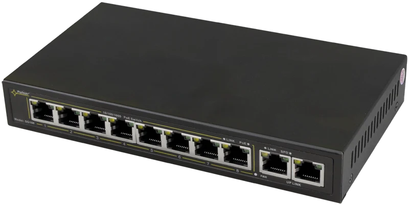 Conmutador Gigabit Pulsar SG108WP con 8 puertos PoE+ y 2 puertos de enlace ascendente, 120 W, para el armario Pulsar