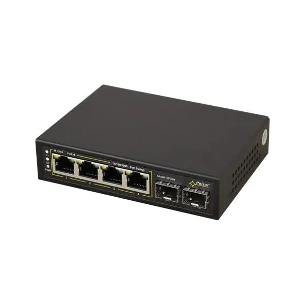 Conmutador Pulsar SPG64WP con 4 puertos PoE+ y 2 puertos SFP Gigabit de enlace ascendente, 60 W, para el armario Pulsar