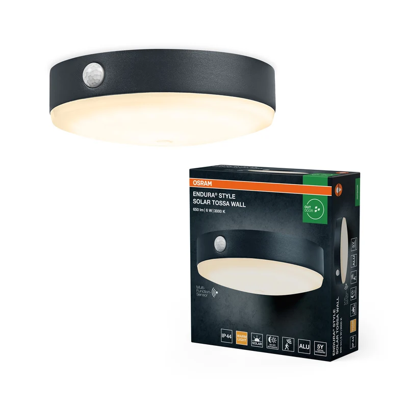 Lámpara de pared solar OSRAM ENDURA Style Tossa, luz blanca cálida (3000 K), sensor integrado, funciona sin electricidad, hasta ocho horas de autonomía, clase de protección IP44, color negro