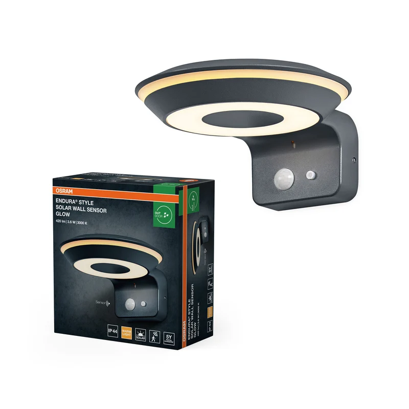 Lámpara de pared solar OSRAM ENDURA Style Glow, dos anillos de luz controlables por separado, luz blanca cálida (3000 K), sensor integrado, funciona sin electricidad, clase de protección IP44, gris oscuro