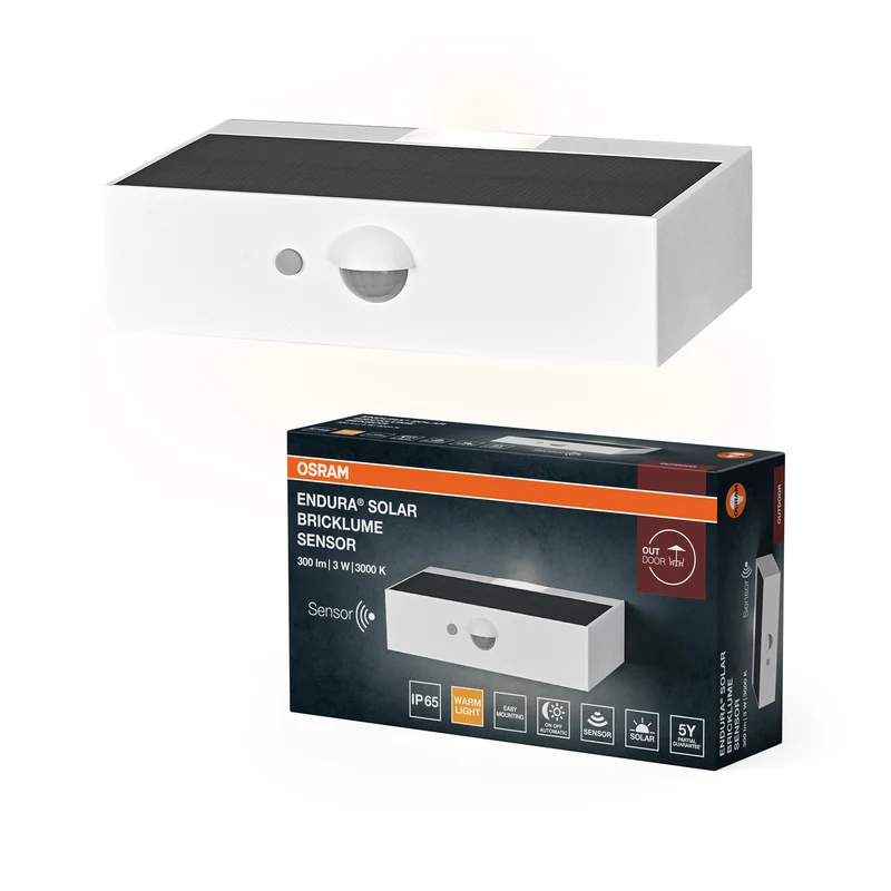 OSRAM ENDURA STYLE BRICKLUME Sensor, lámpara solar, 3 W, 300 lm, blanco, iluminación indirecta, detector de movimiento, sensor de luz diurna, clase de protección IP65, temperatura de color de 3.000 K, luz blanca cálida