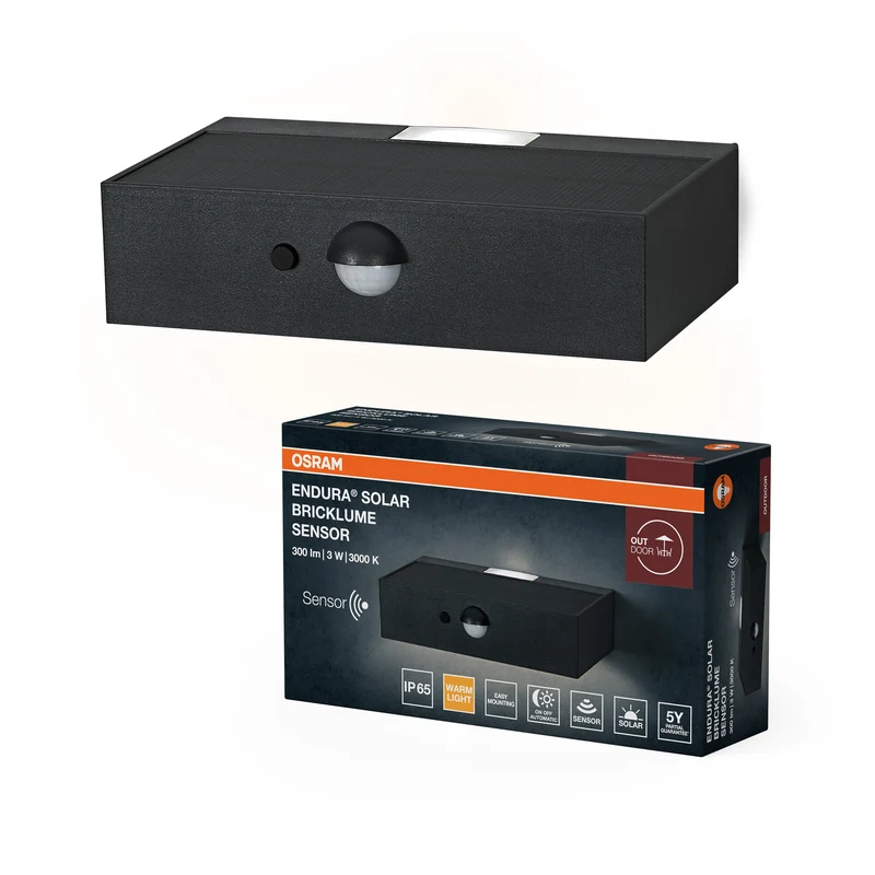 OSRAM ENDURA STYLE BRICKLUME Sensor, lámpara solar, 3 W, 300 lm, gris, gris oscuro, iluminación indirecta, detector de movimiento, sensor de luz diurna, IP65, temperatura de color de 3.000 K, luz blanca cálida