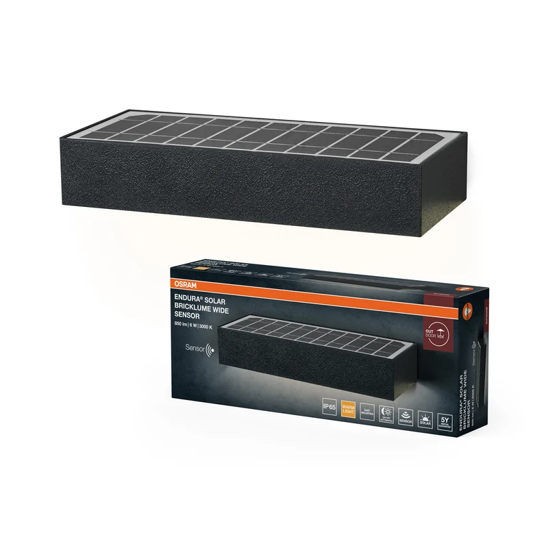 OSRAM ENDURA STYLE BRICKLUME Sensor, lámpara solar, 6 W, 850 lm, gris oscuro, iluminación indirecta, detector de movimiento, sensor de luz diurna, clase de protección IP65, temperatura de color de 3.000 K, luz blanca cálida