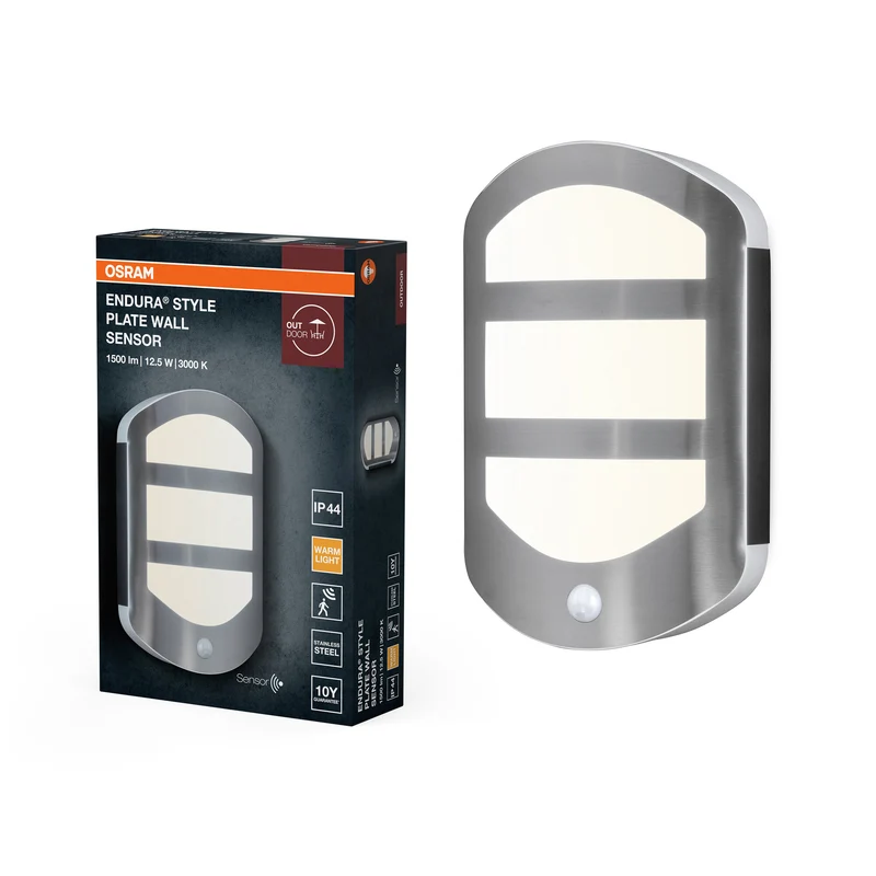 OSRAM ENDURA Style Plate Wall Aplique con un moderno acabado en acero inoxidable, con sensor y luz indirecta; luminaria LED de exterior brillante y funcional, protección IP44, ideal para iluminar entradas y fachadas