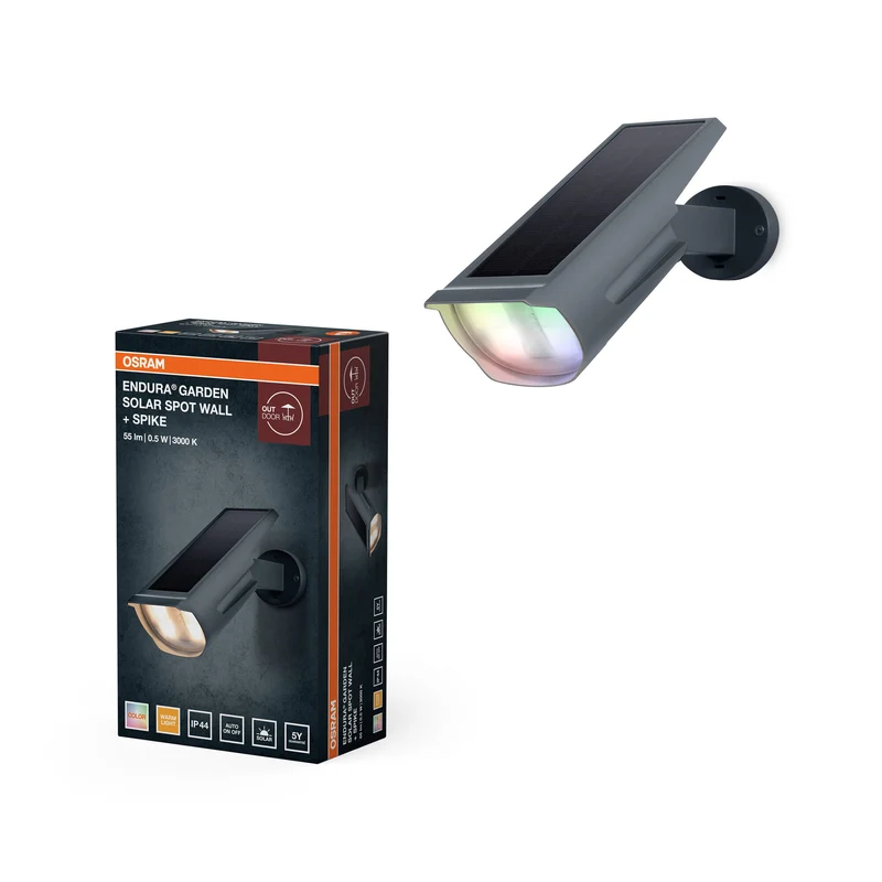 OSRAM Solar-Spot RGB y blanco cálido con estaca y soporte de pared, sensor de luz diurna, protección IP44, foco solar para jardín y terraza