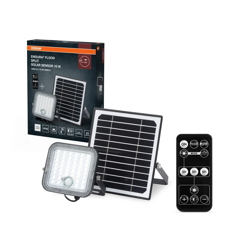 Lámpara LED solar para exterior de OSRAM Endura Outdoor negra con foco y panel solar, cable de 5 m de longitud, con mando a distancia y sensor de movimiento PIR, 10 W, 1400 lm, 840, temperatura de color 4000 K, clase energética A