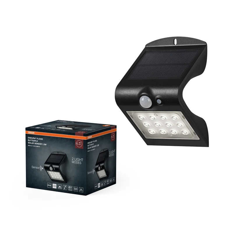 Proyector solar OSRAM ENDURA BUTTERFLY, negro, 1,5 W, 200 lm, sensor de movimiento y de luz, luminaria para exterior, batería recargable, larga vida útil, montaje sencillo, IP65, 4000 K