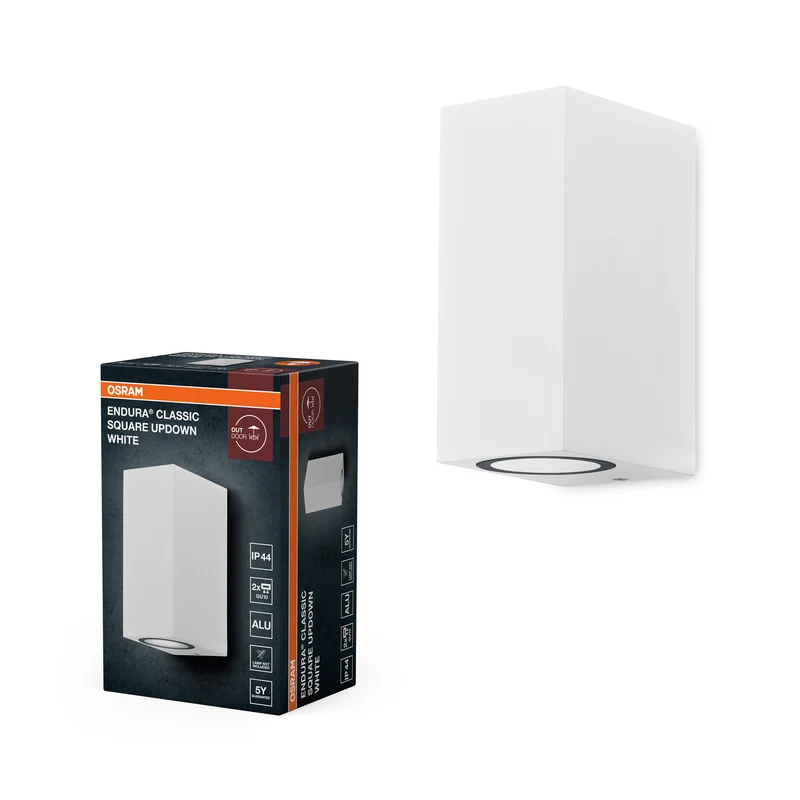 OSRAM ENDURA Classic Lámpara de pared para exterior Square Updown, blanca, casquillo GU10 (máx. 35 W), se puede equipar con una bombilla normal o inteligente, variante de iluminación hacia abajo o hacia arriba/abajo, clase de protección IP44