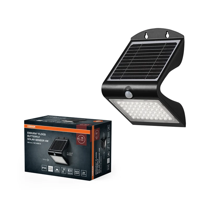Proyector solar OSRAM ENDURA BUTTERFLY, negro, 4 W, 500 lm, sensor de movimiento y de luz, luminaria para exterior, batería recargable, larga vida útil, montaje sencillo, IP65, 4000 K