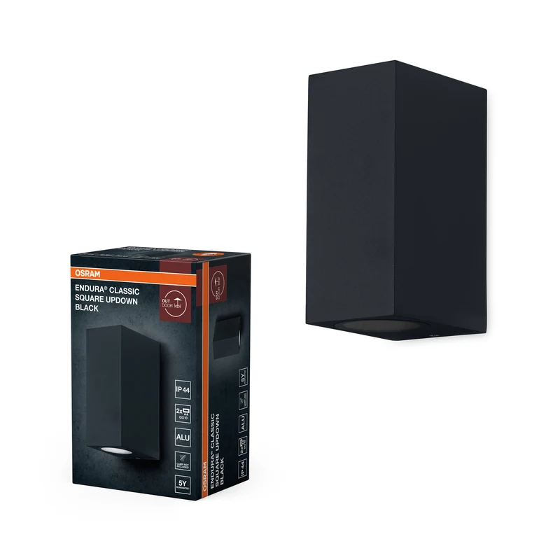 OSRAM ENDURA Classic Lámpara de pared para exterior Square Updown, negra, casquillo GU10 (máx. 35 W), se puede equipar con una bombilla normal o inteligente, variante de iluminación hacia abajo o hacia arriba/abajo, clase de protección IP44