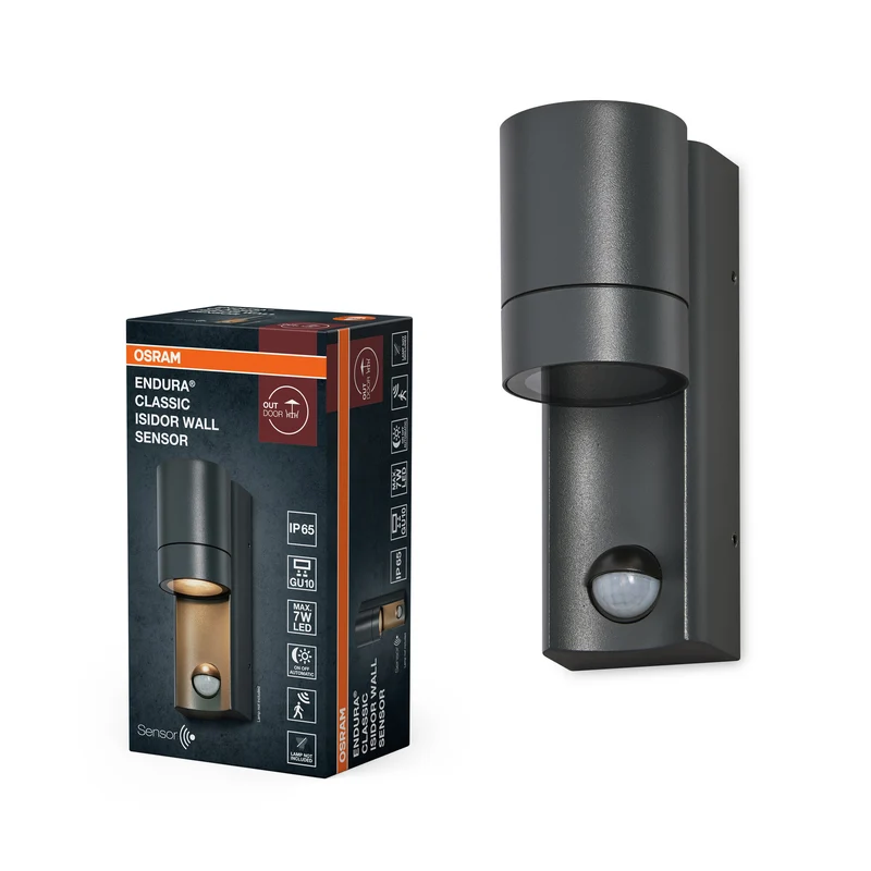 OSRAM ENDURA CLASSIC ISIDOR W S Lámpara de exterior, aplique, GU10, gris oscuro, aluminio, instalación sencilla, iluminación indirecta, clase de protección IP65, sensor de luz natural, detector de movimiento