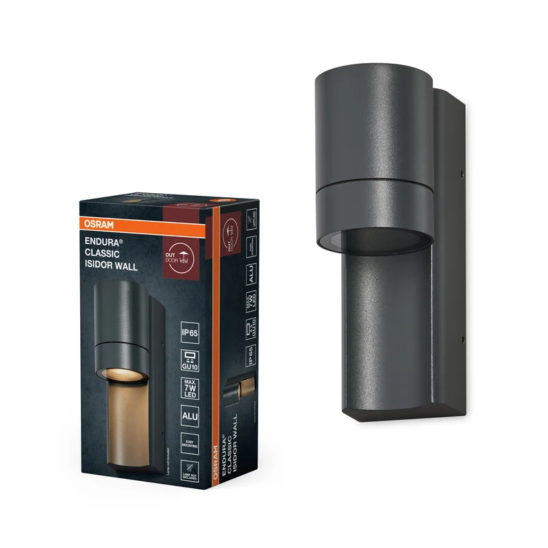 OSRAM ENDURA CLASSIC ISIDOR W Lámpara de exterior, aplique, casquillo GU10, gris oscuro, aluminio, instalación rápida y sencilla, difusor mate, clase de protección IP65, uso en exteriores