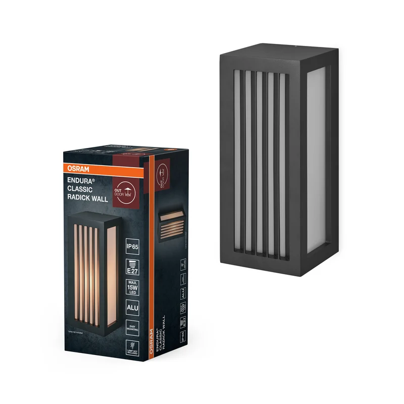 OSRAM ENDURA CLASSIC RADICK W Lámpara de exterior, aplique, casquillo E27, gris oscuro, aluminio, instalación rápida y sencilla, difusor mate, clase de protección IP65, uso en exteriores