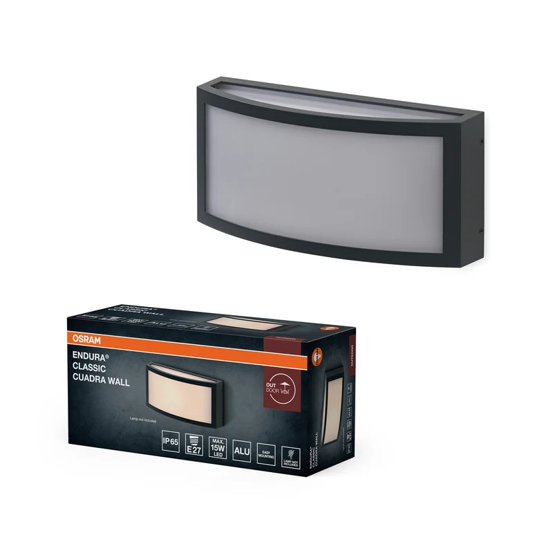 Lámpara de exterior OSRAM ENDURA CLASSIC CUADRA, aplique, casquillo E27, gris oscuro, aluminio, instalación rápida y sencilla, difusor mate, clase de protección IP65, uso en exteriores