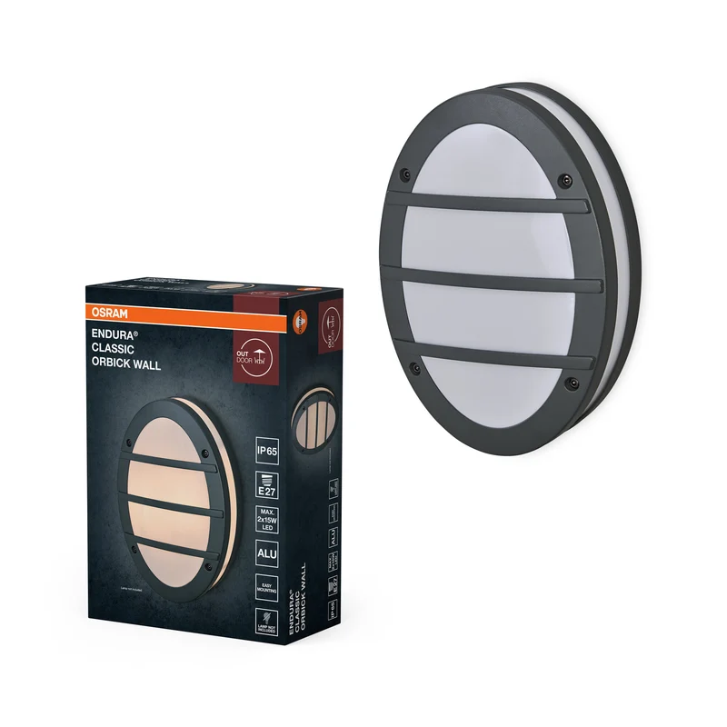 OSRAM ENDURA CLASSIC ORBICK W Lámpara de exterior, aplique, casquillo E27, gris oscuro, aluminio, instalación rápida y sencilla, difusor mate, clase de protección IP65, uso en exteriores