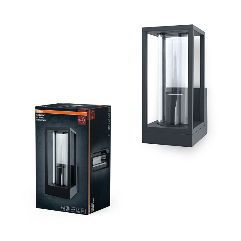 Lámpara de pared para exterior OSRAM E27, aluminio, cristal transparente, IP44, gris oscuro, diseño rectangular, 140 x 110 x 245 mm, material de montaje incluido
