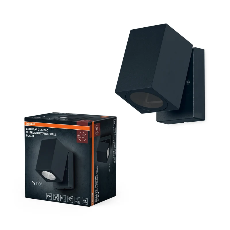 OSRAM ENDURA Classic Cube ADJ WALL: aplique de exterior, negro, casquillo GU10 (máx. 35 W), se puede usar con bombillas normales o inteligentes, cabezal orientable, clase de protección IP44