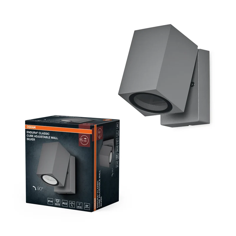 OSRAM ENDURA Classic Cube ADJ WALL: aplique de exterior, color plata, casquillo GU10 (máx. 35 W), se puede equipar con una bombilla normal o inteligente, cabezal orientable, clase de protección IP44