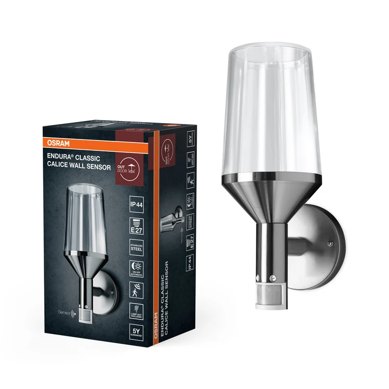 OSRAM ENDURA Classic Aplique con sensor Calice, con un moderno diseño en acero inoxidable y difusor de cristal, casquillo E27, protección IP44, ideal para iluminar entradas y caminos