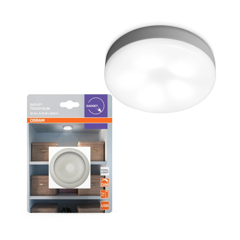 Lámpara LED OSRAM a batería para paredes y parte inferior de armarios, DOT-it Touch 0,45 W, 5 V, blanco frío 4000 K