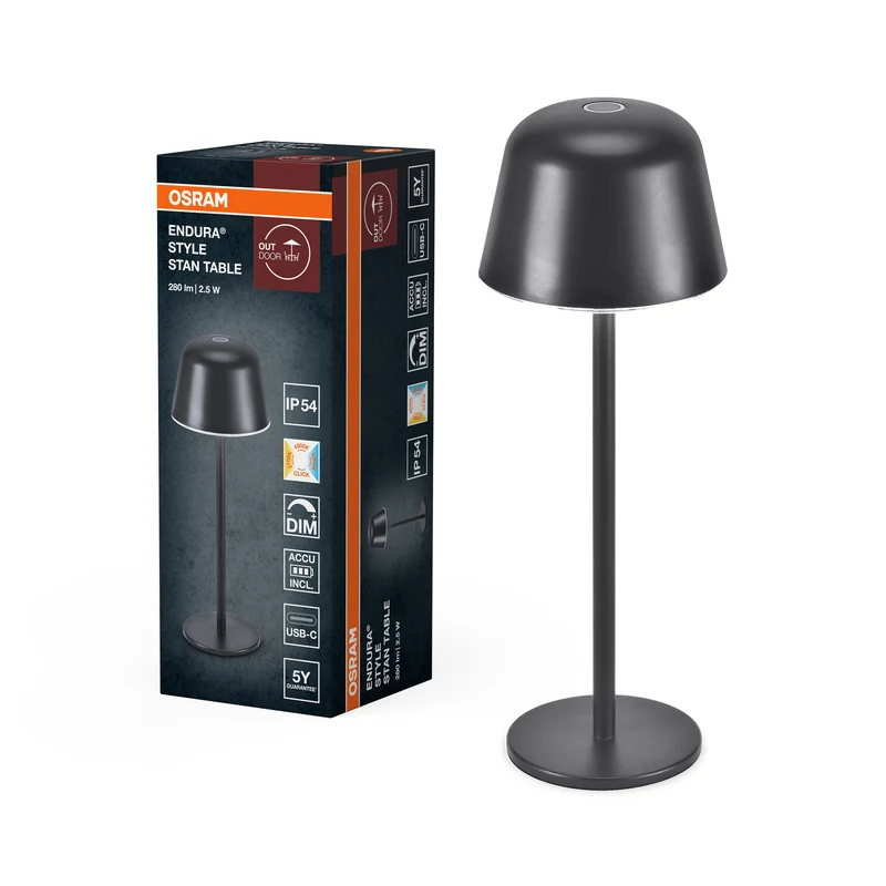 Lámpara de exterior OSRAM ENDURA STYLE TABLE, 2,5 W, 200 lm, gris oscuro, lámpara de mesa, batería recargable, clase de protección IP54, regulación continua de la intensidad y función de memoria de intensidad luminosa