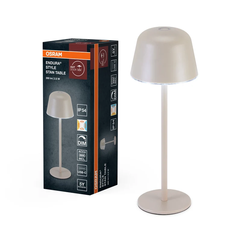 Lámpara de exterior OSRAM ENDURA STYLE TABLE, 2,5 W, 200 lm, beige, lámpara de mesa, batería recargable, clase de protección IP54, regulación continua de la intensidad y función de memoria de intensidad luminosa