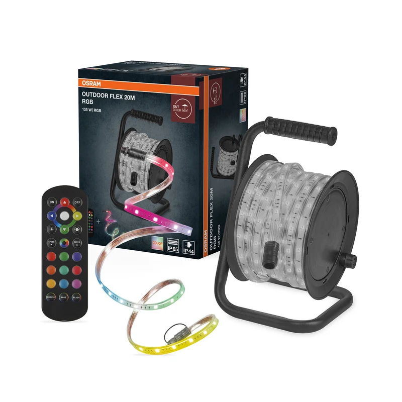 OSRAM Outdoor Flex Tira LED RGB de 20 m, IP65, con mando a distancia incluido, ampliable hasta 50 m, con carrete, cable de conexión y accesorios