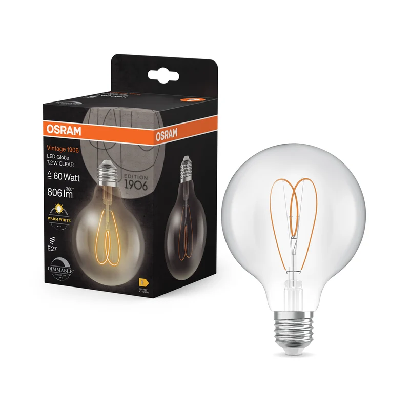 Bombilla LED OSRAM Vintage 1906 Globe transparente, 7,2 W, 806 lm, 2700 K, blanco cálido, E27
